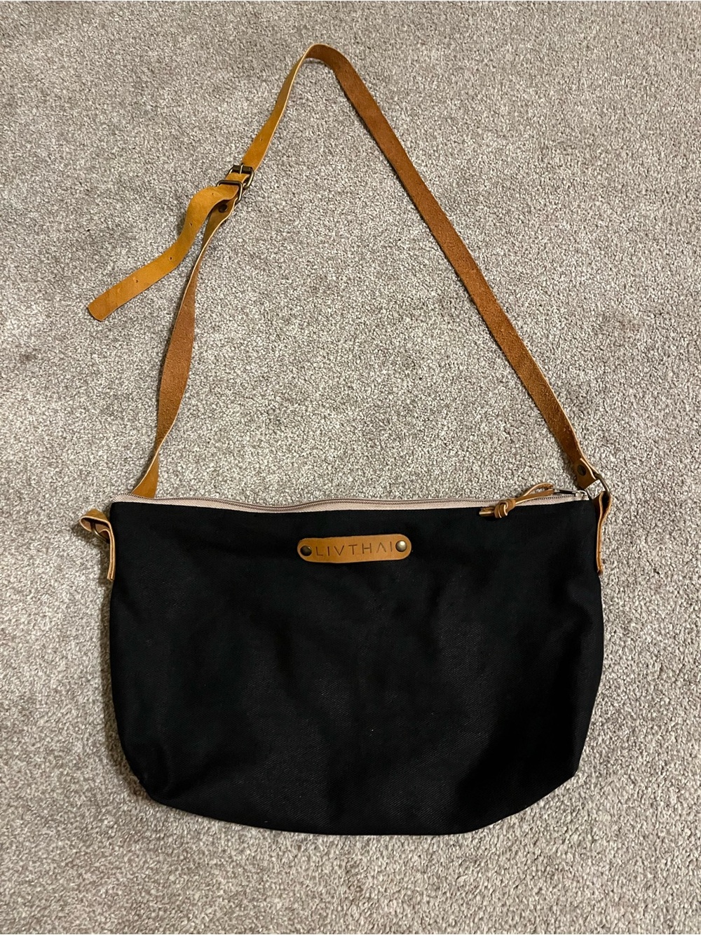 Black Canvas Crossbody with Tan Leather Strap